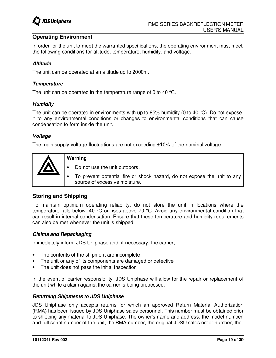 JDS Uniphase RM3750 user manual Operating Environment, Storing and Shipping 