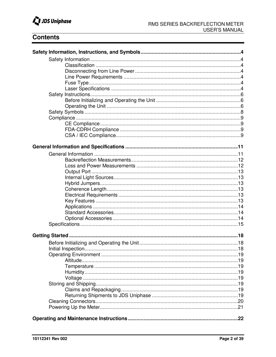 JDS Uniphase RM3750 user manual Contents 