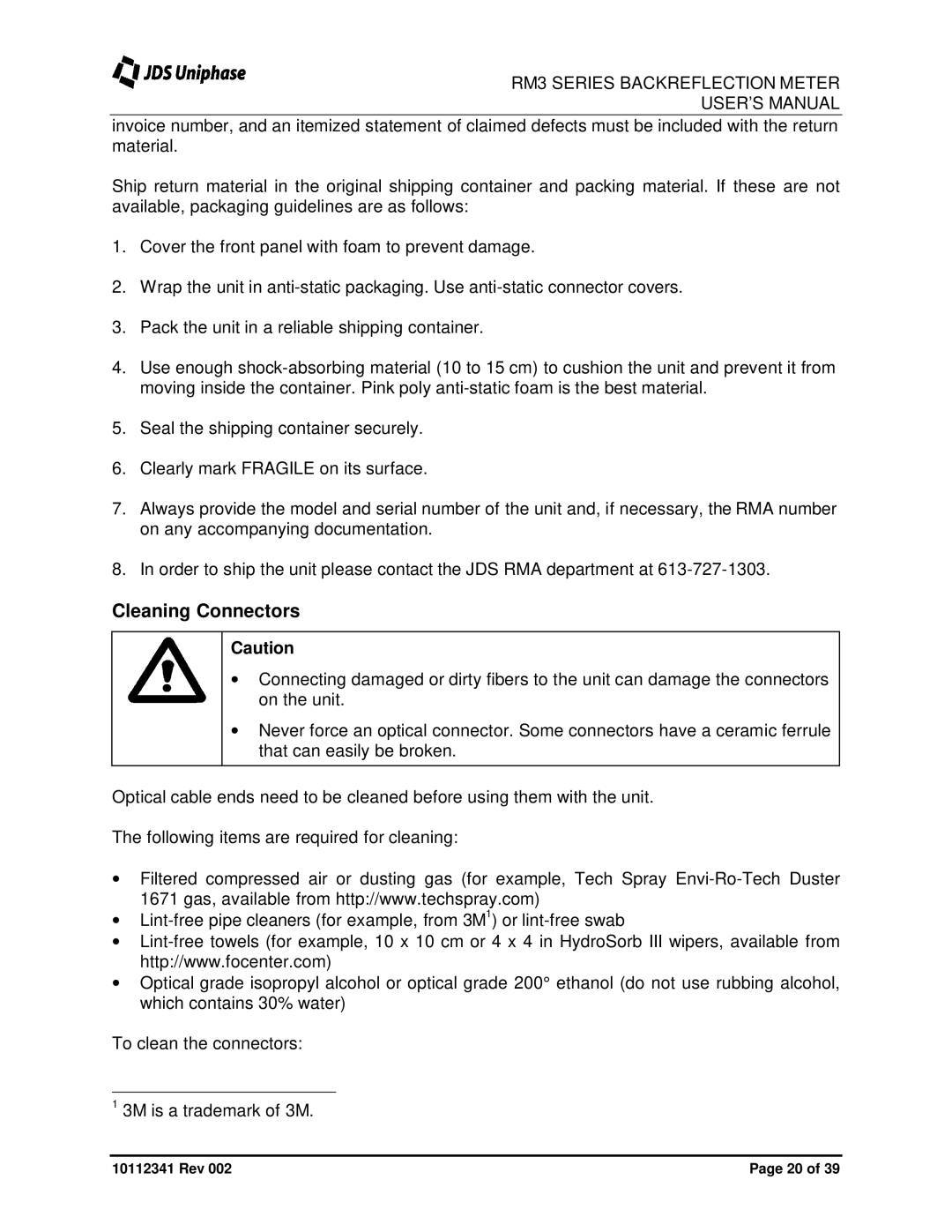 JDS Uniphase RM3750 user manual Cleaning Connectors 