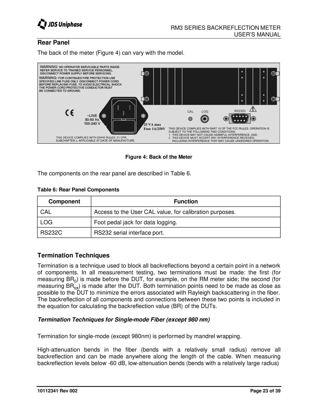 JDS Uniphase RM3750 user manual Rear Panel, Termination Techniques, Component Function 