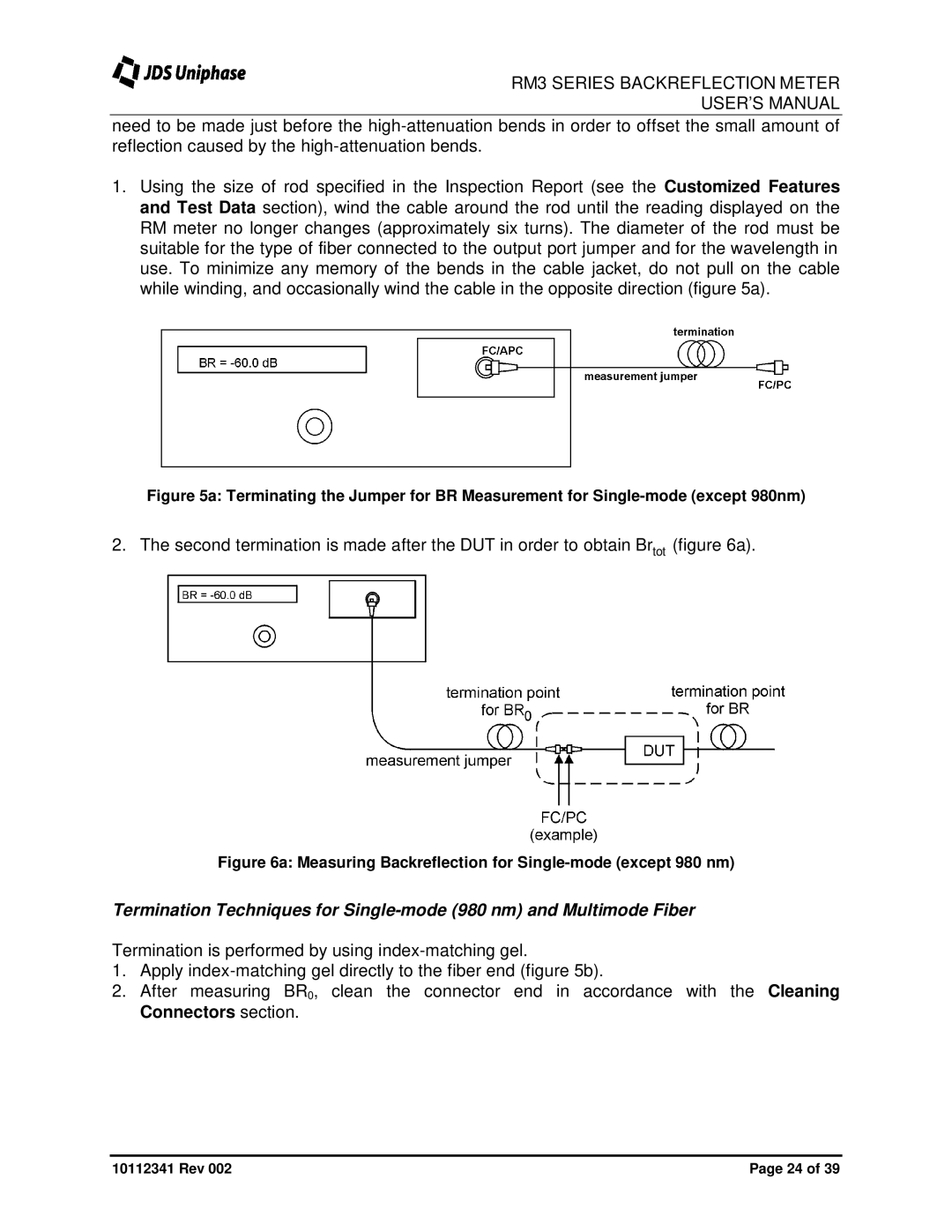 JDS Uniphase RM3750 user manual Measuring Backreflection for Single-mode except 980 nm 