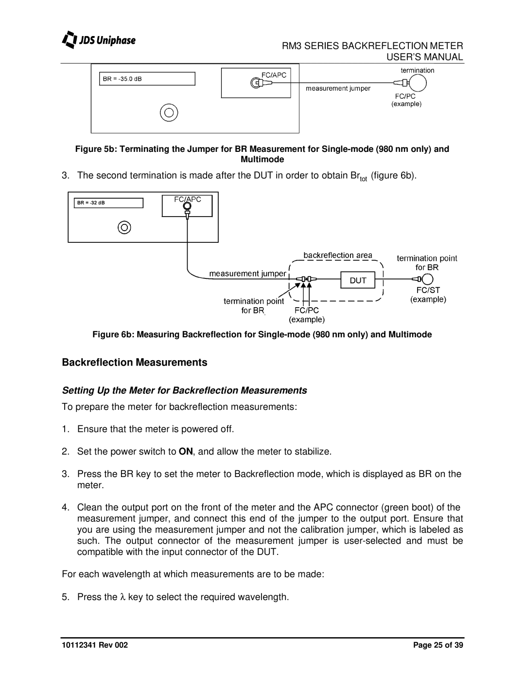 JDS Uniphase RM3750 user manual Setting Up the Meter for Backreflection Measurements 