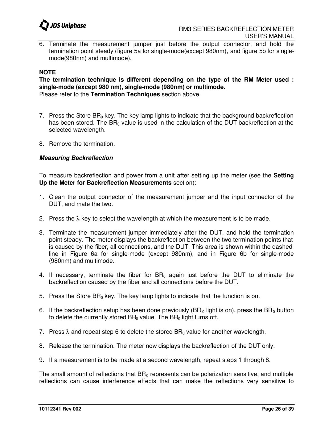 JDS Uniphase RM3750 user manual Measuring Backreflection 