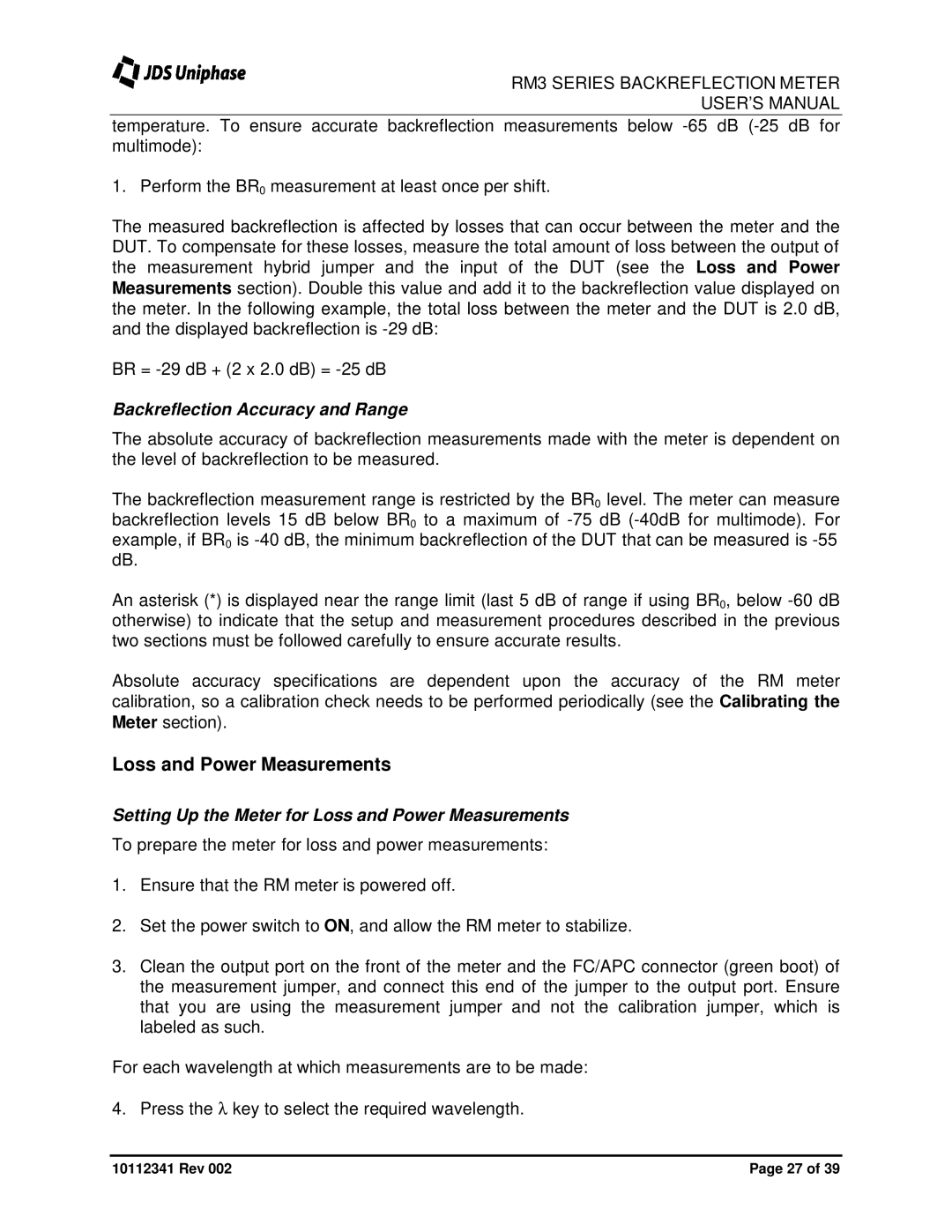 JDS Uniphase RM3750 user manual Loss and Power Measurements, Backreflection Accuracy and Range 