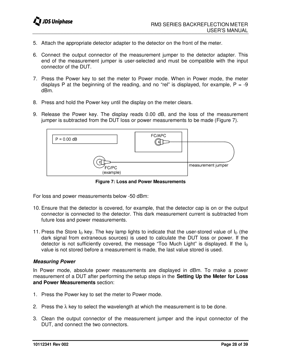 JDS Uniphase RM3750 user manual Measuring Power, Loss and Power Measurements 