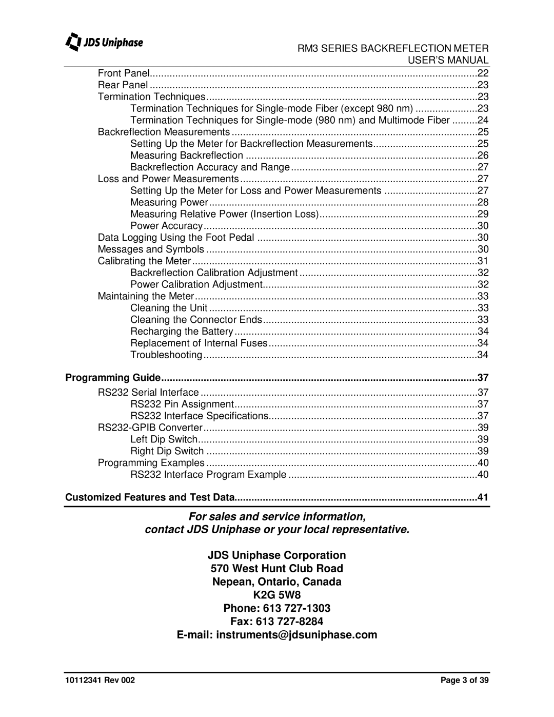 JDS Uniphase RM3750 user manual Programming Guide, Customized Features and Test Data 