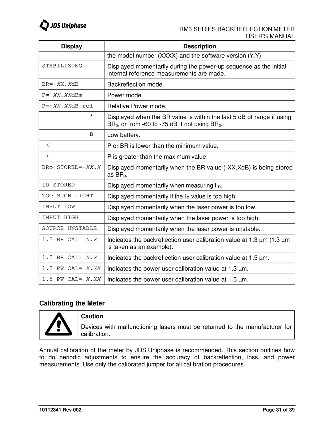 JDS Uniphase RM3750 user manual Calibrating the Meter, Stabilizing 