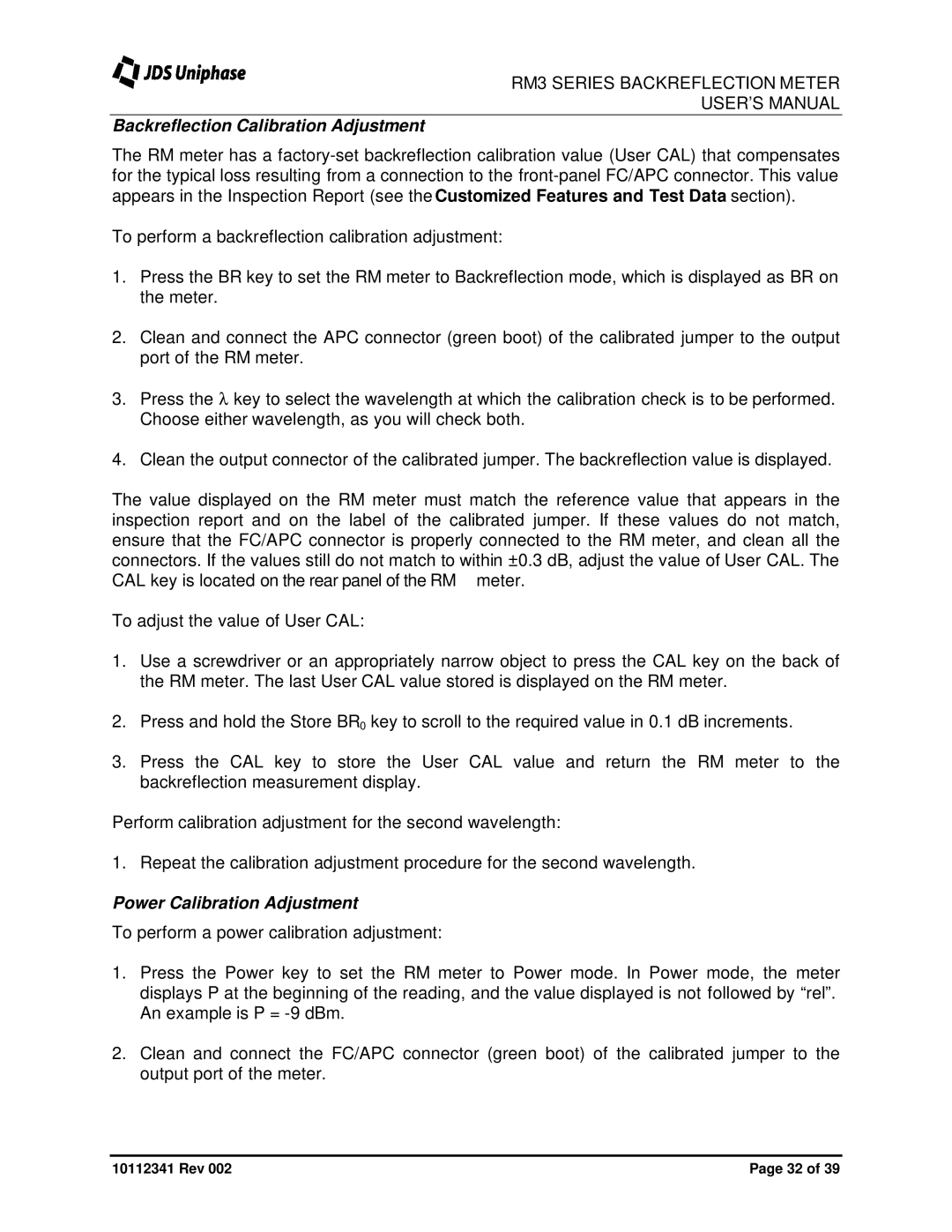 JDS Uniphase RM3750 user manual Backreflection Calibration Adjustment, Power Calibration Adjustment 