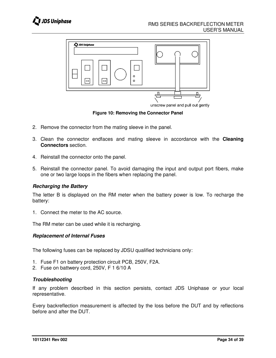 JDS Uniphase RM3750 user manual Recharging the Battery, Replacement of Internal Fuses, Troubleshooting 