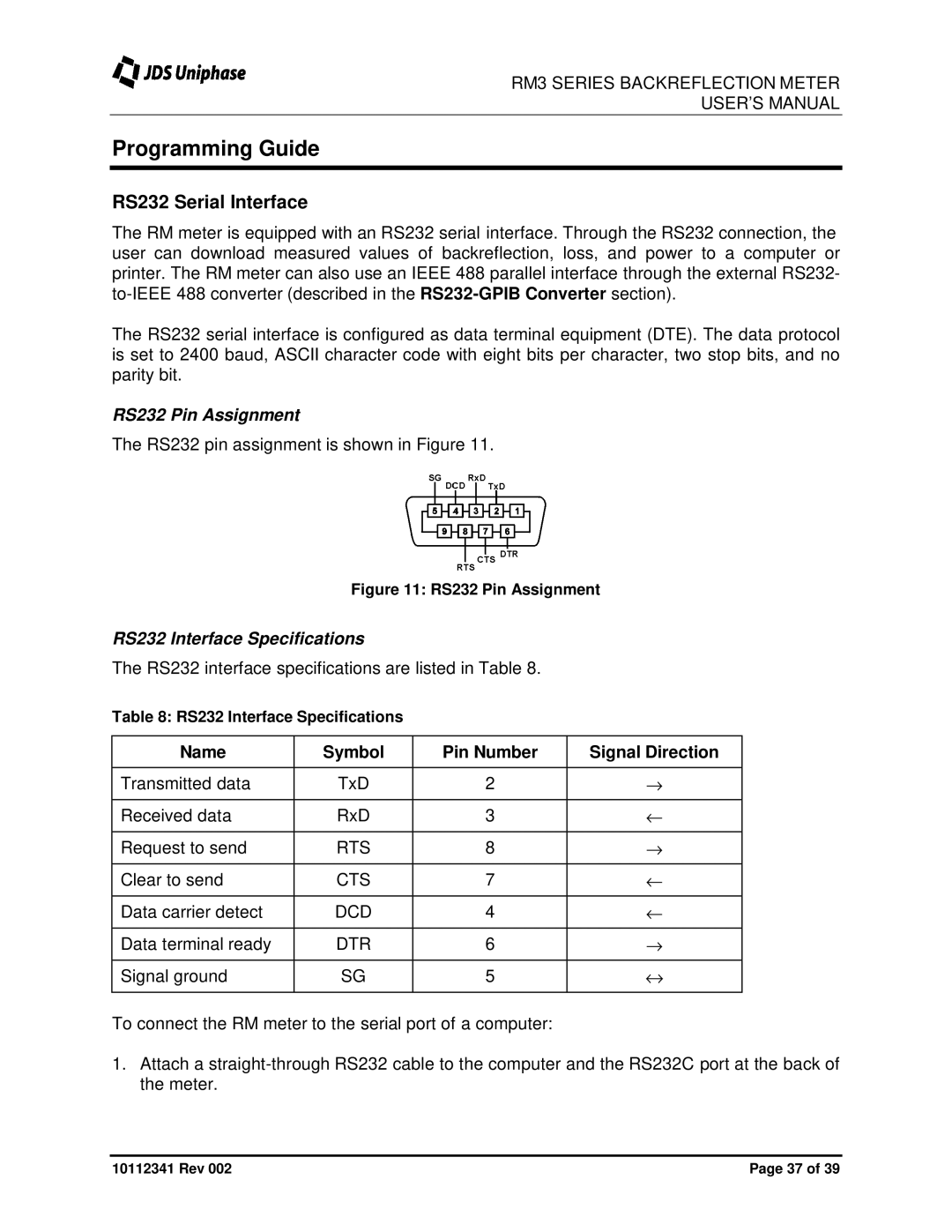 JDS Uniphase RM3750 Programming Guide, RS232 Serial Interface, RS232 Pin Assignment, RS232 Interface Specifications 