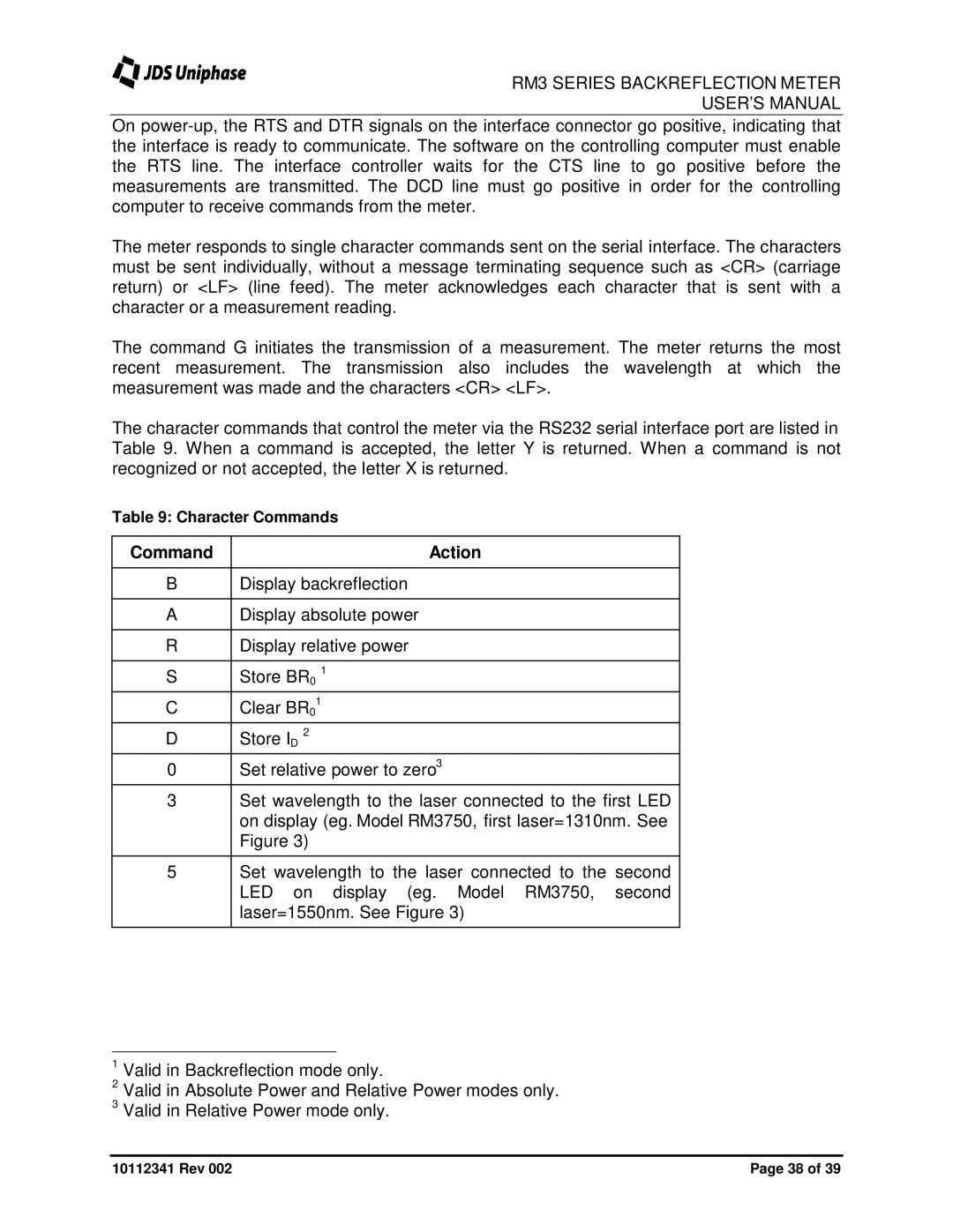 JDS Uniphase RM3750 user manual Command Action 