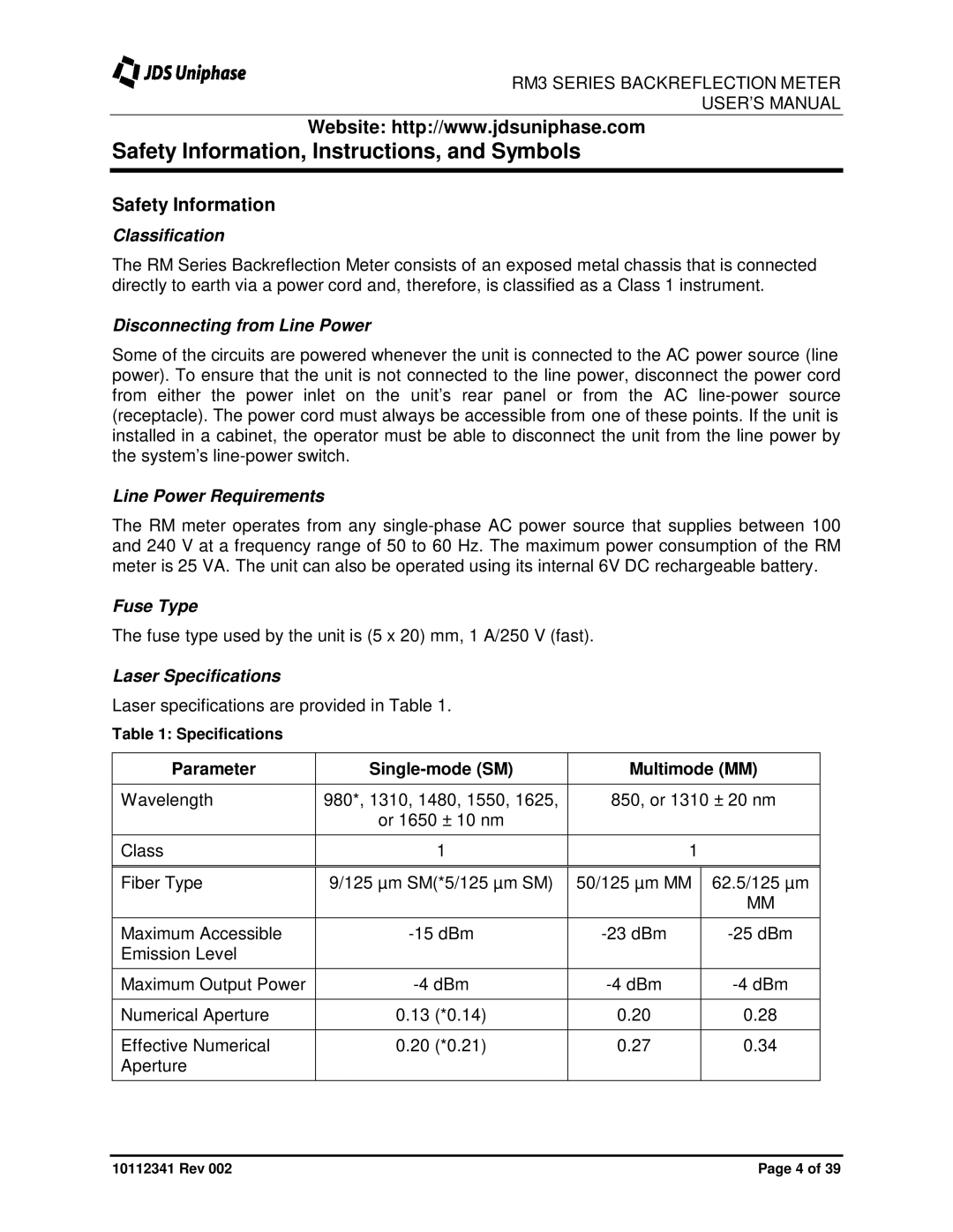 JDS Uniphase RM3750 user manual Safety Information, Instructions, and Symbols 