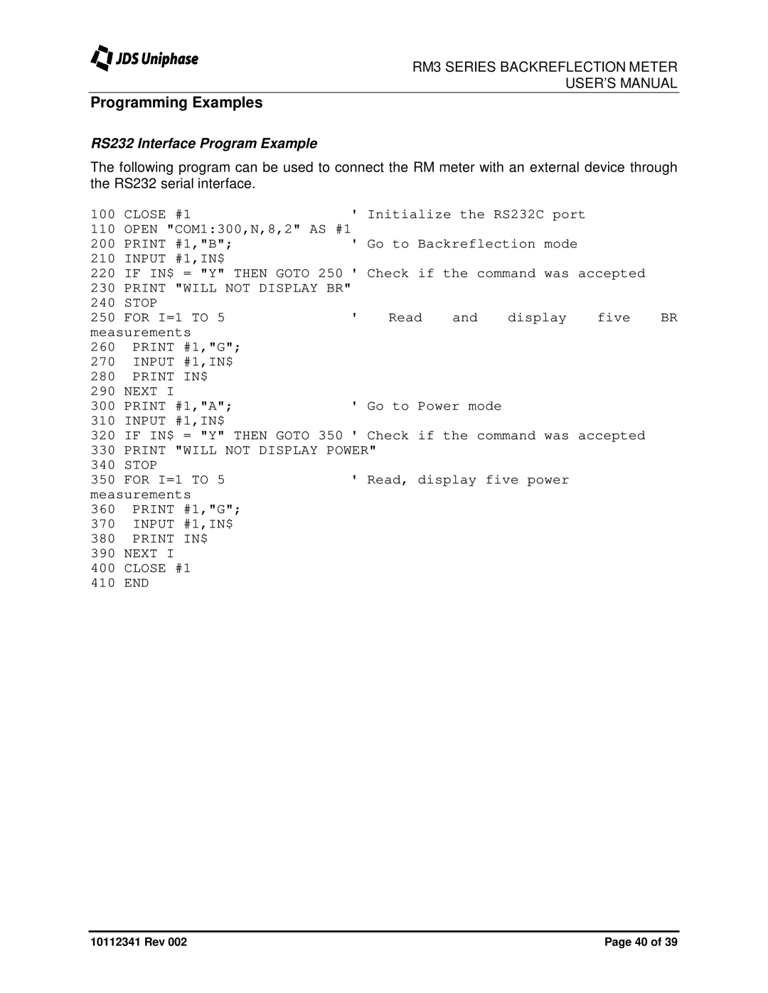 JDS Uniphase RM3750 user manual Programming Examples, RS232 Interface Program Example 