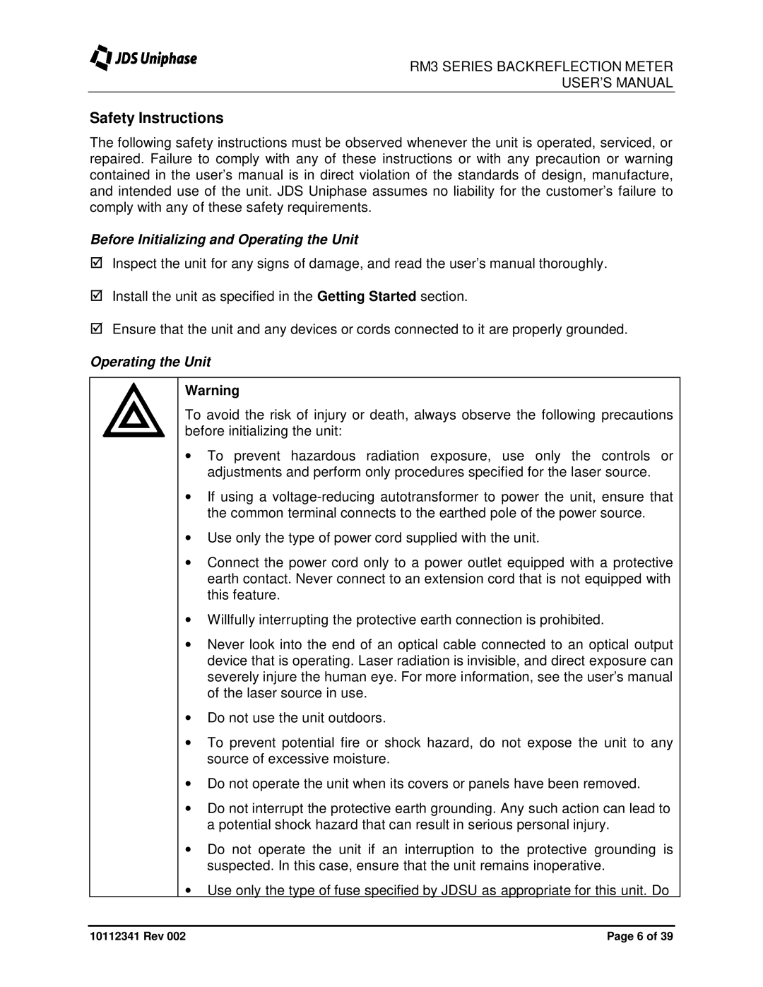 JDS Uniphase RM3750 user manual Safety Instructions, Before Initializing and Operating the Unit 