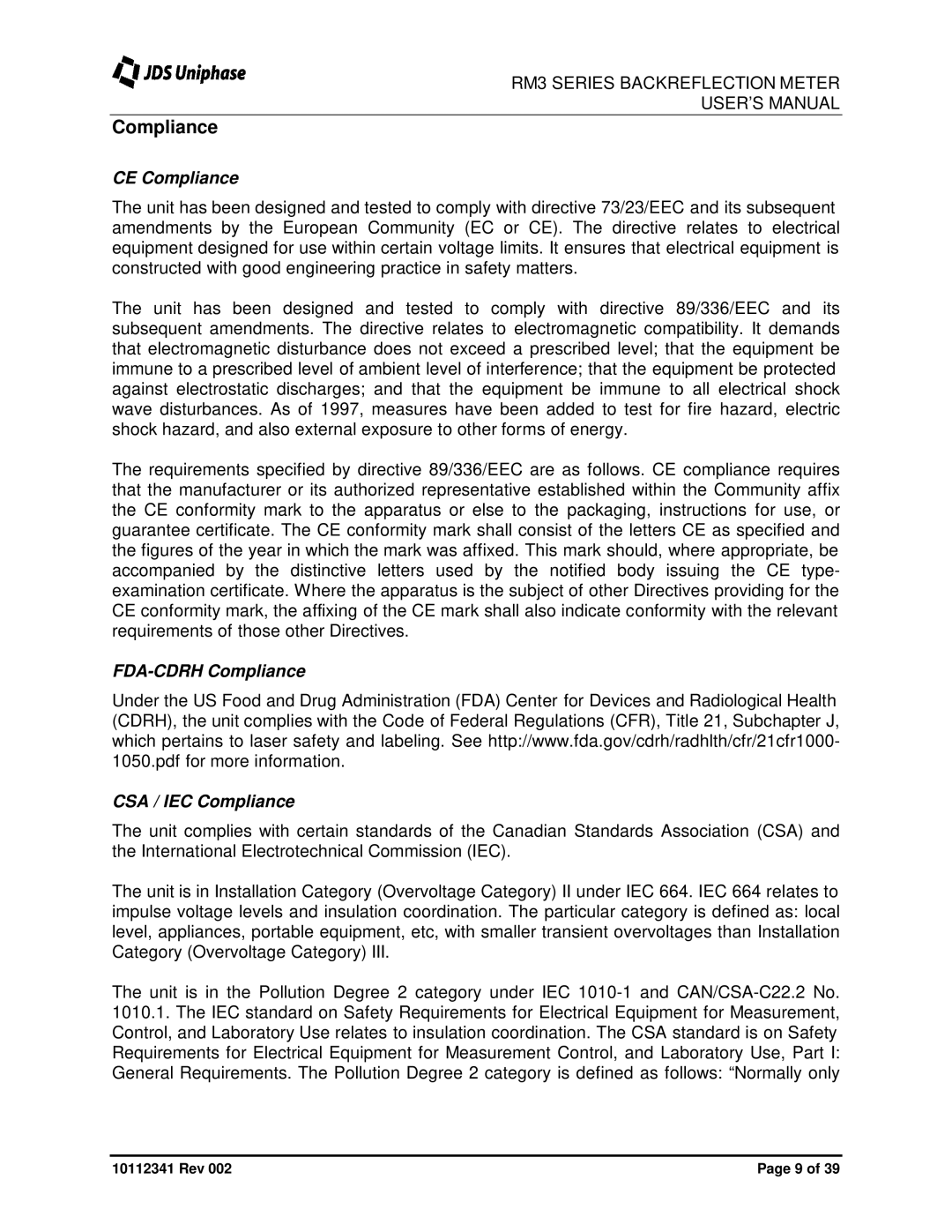 JDS Uniphase RM3750 user manual CE Compliance, FDA-CDRH Compliance CSA / IEC Compliance 