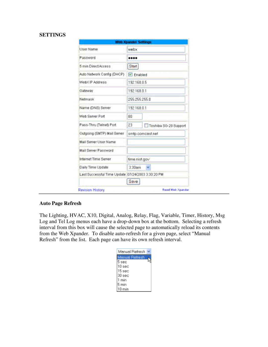 JDS Uniphase RS-232 operation manual Settings, Auto Page Refresh 