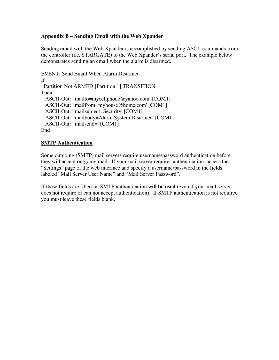 JDS Uniphase RS-232 operation manual Appendix B Sending Email with the Web Xpander, Smtp Authentication 