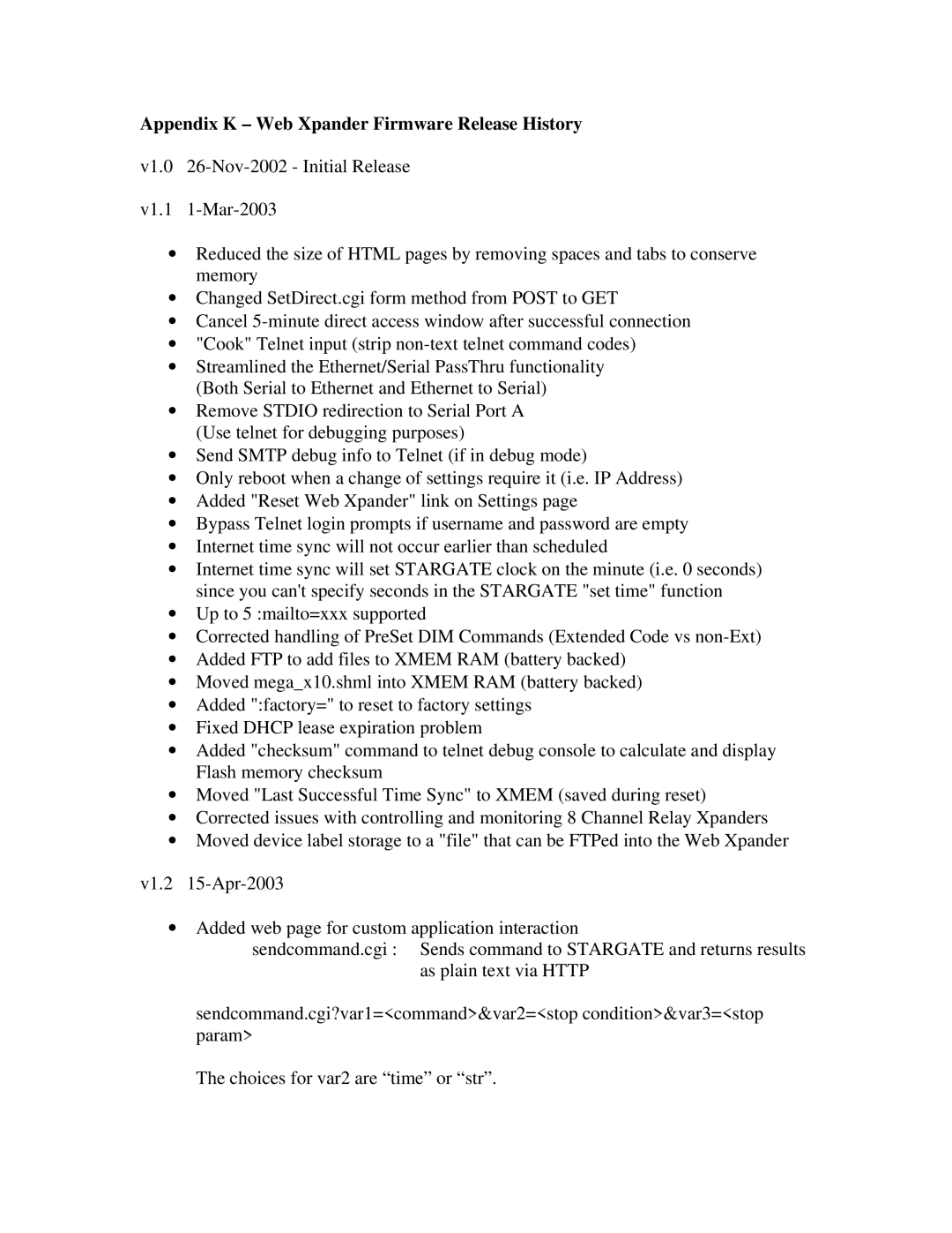 JDS Uniphase RS-232 operation manual Appendix K Web Xpander Firmware Release History 