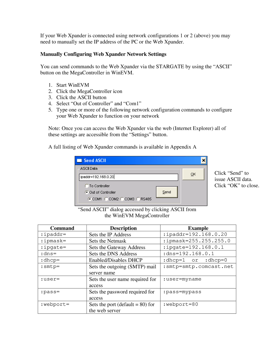 JDS Uniphase RS-232 operation manual Manually Configuring Web Xpander Network Settings, Command Description Example 