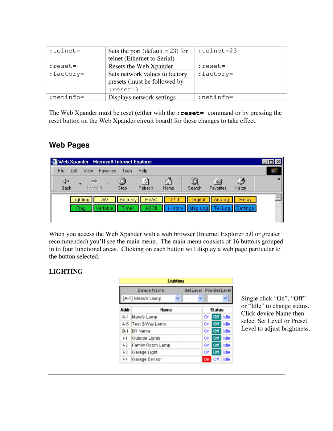 JDS Uniphase RS-232 operation manual Web Pages, Lighting 