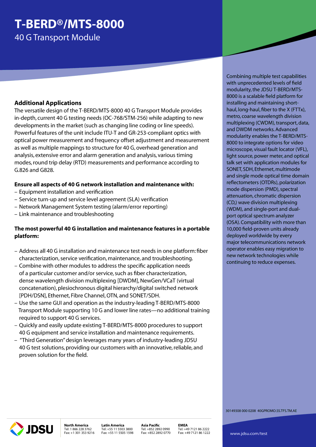 JDS Uniphase T-BERD/MTS-8000 manual Transport Module, Communications Test & Measurement Solutions, Emea 