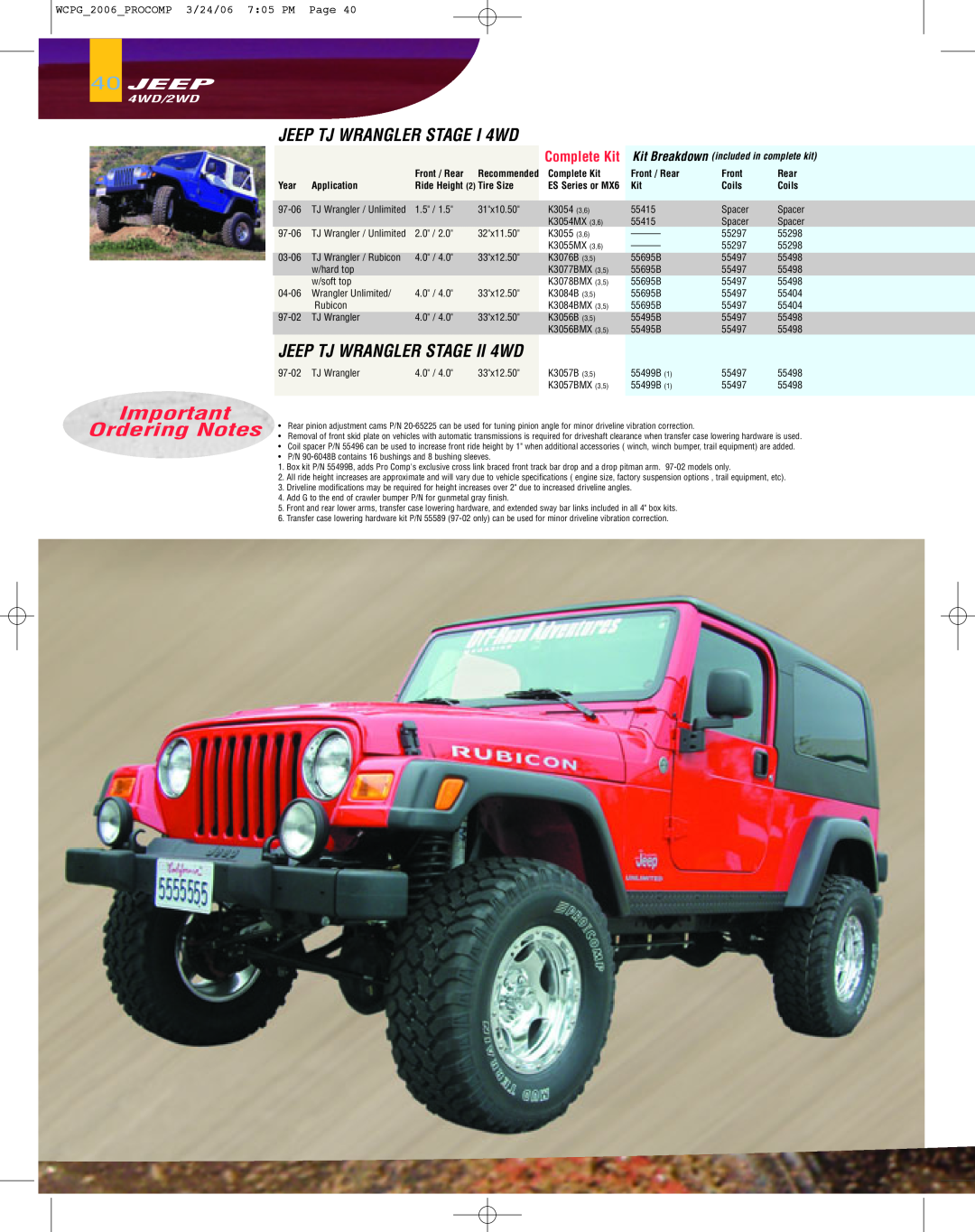 Jeep specifications Ordering Notes, JEEP TJ WRANGLER STAGE I 4WD, 40JEEP, Complete Kit, 4WD/2WD 