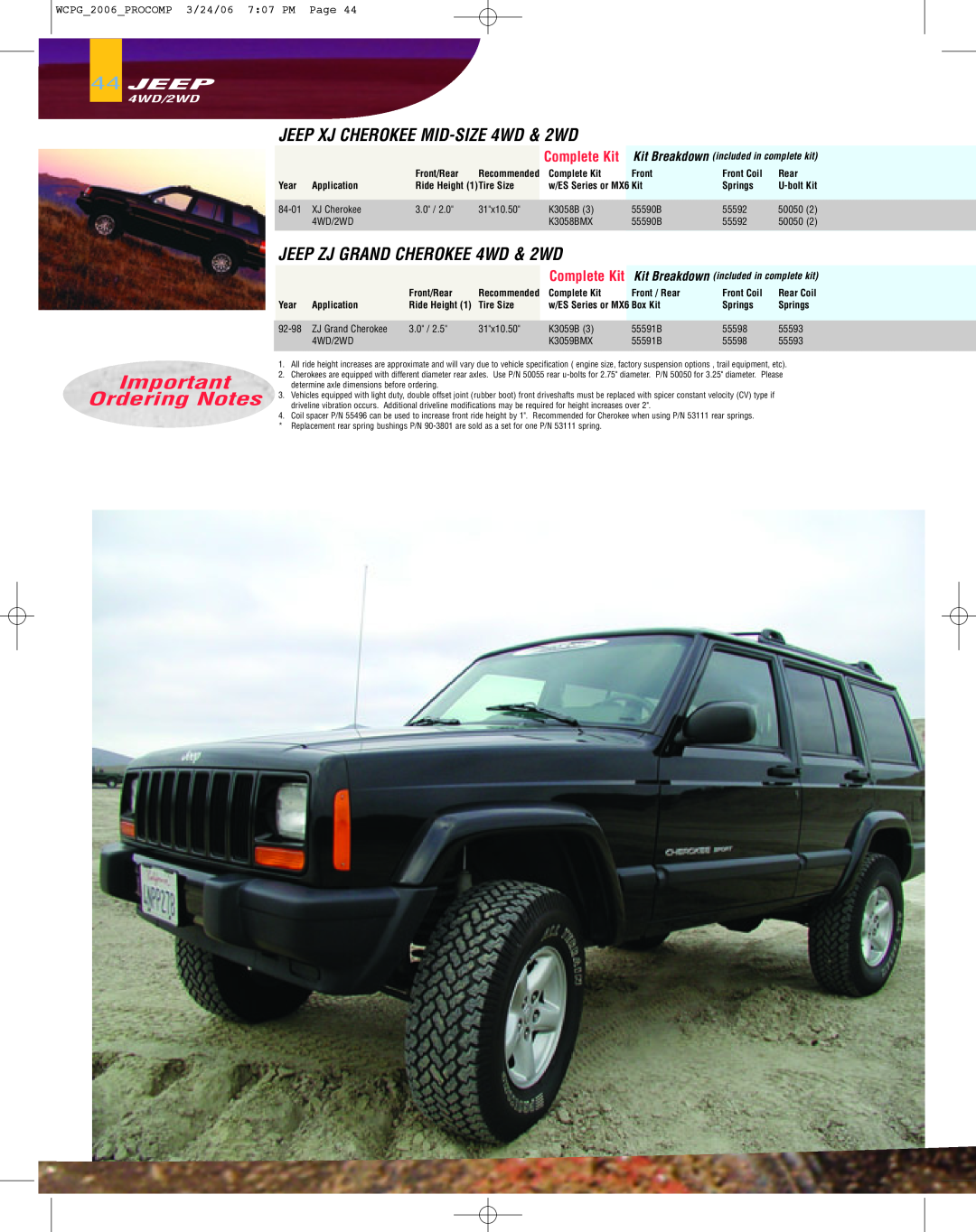 Jeep JEEP XJ CHEROKEE MID-SIZE4WD & 2WD, JEEP ZJ GRAND CHEROKEE 4WD & 2WD, 44JEEP, Ordering Notes, Complete Kit 