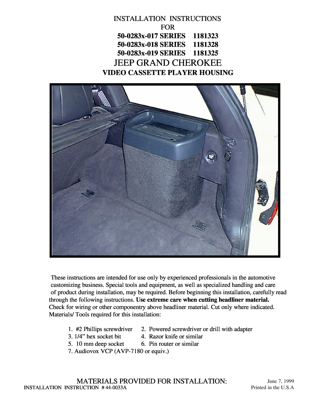 Jeep 50-0283x-019 SERIES, 50-0283x-017 SERIES installation instructions Jeep Grand Cherokee, Installation Instructions For 