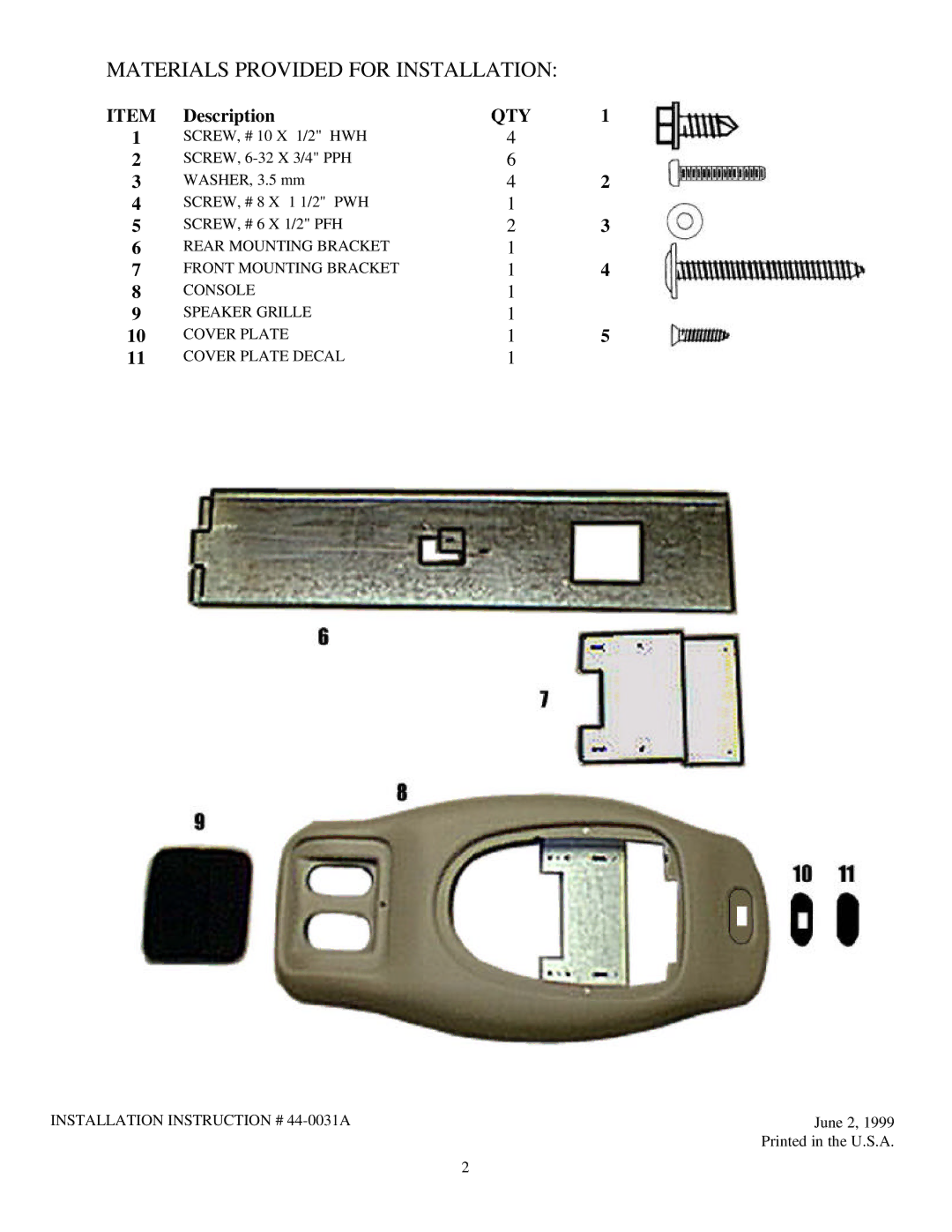 Jeep 50-0284x-015 Series installation instructions Materials Provided for Installation, Qty 