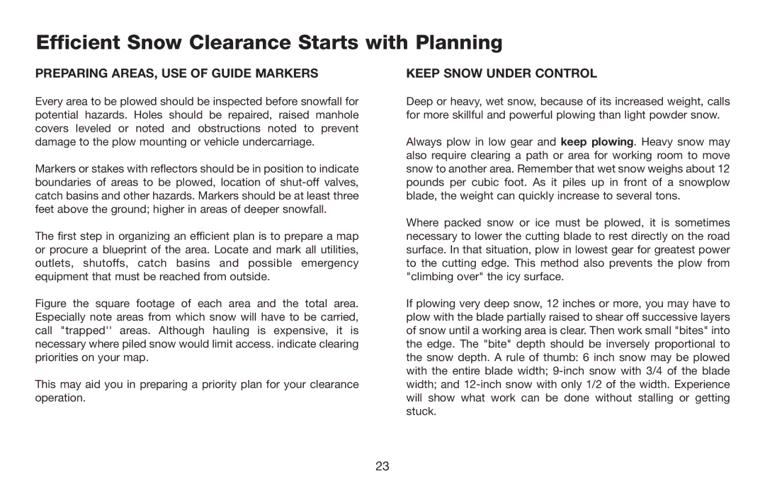 Jeep E-60 Efficient Snow Clearance Starts with Planning, Preparing AREAS, USE of Guide Markers, Keep Snow Under Control 