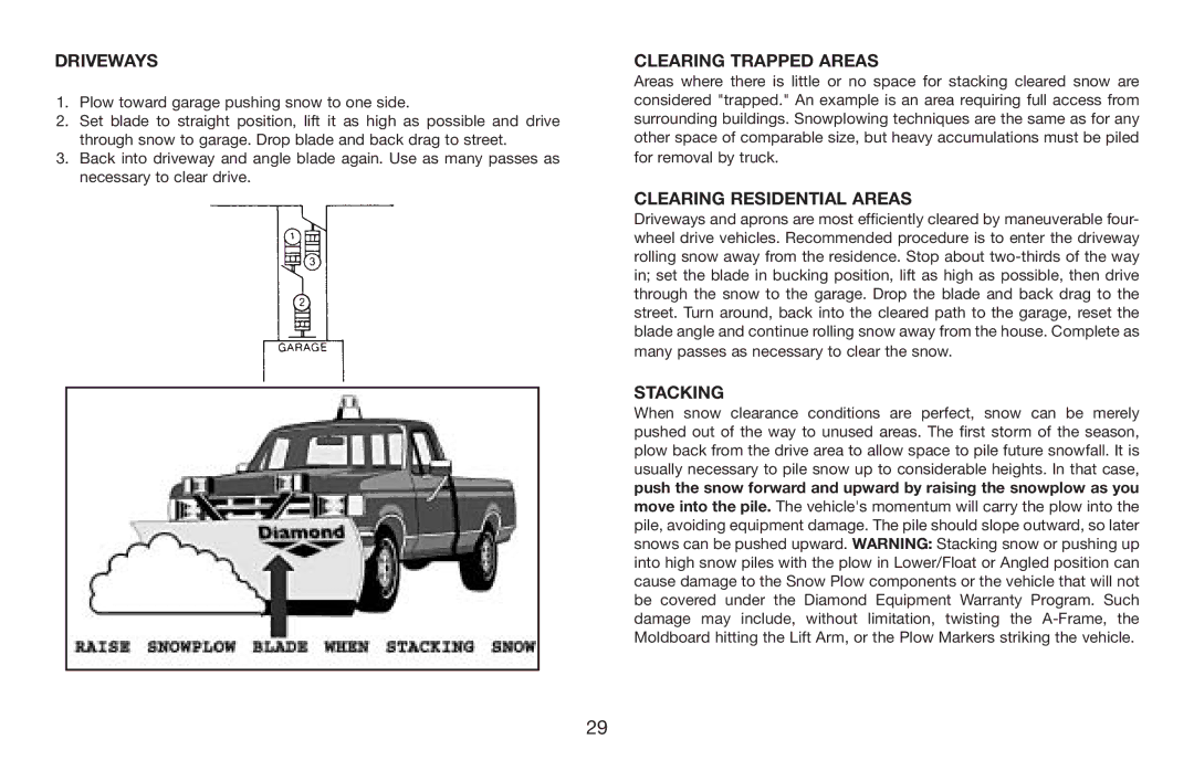 Jeep E-60 owner manual Driveways, Clearing Trapped Areas, Clearing Residential Areas, Stacking 