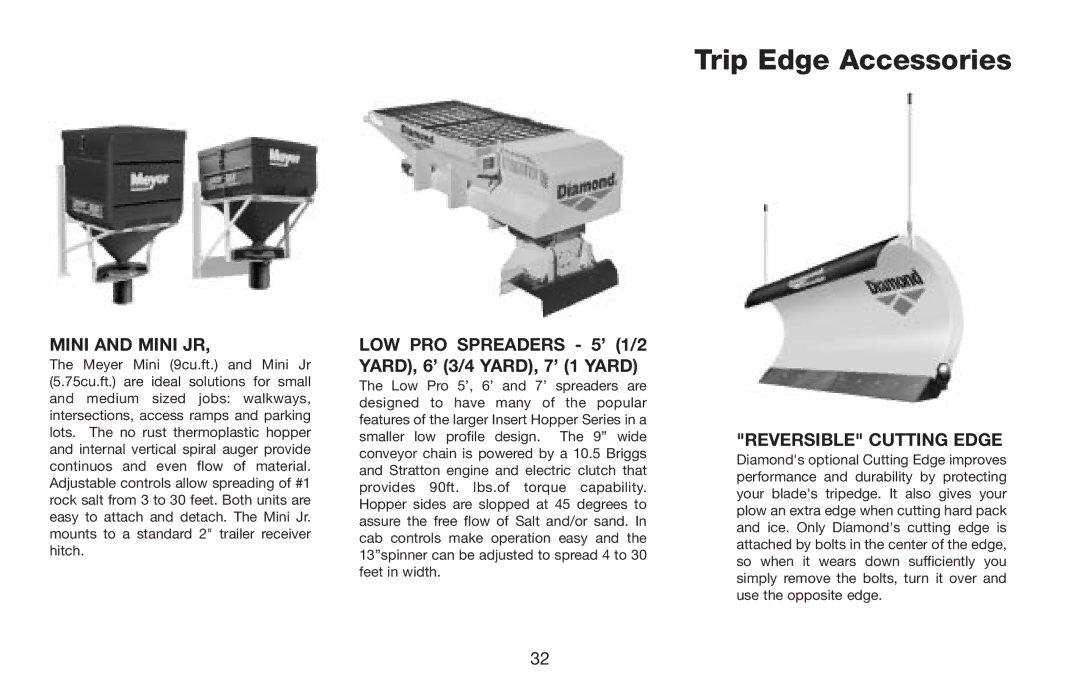 Jeep E-60 owner manual Trip Edge Accessories, Mini and Mini JR, LOW PRO Spreaders 5’ 1/2 YARD, 6’ 3/4 YARD, 7’ 1 Yard 