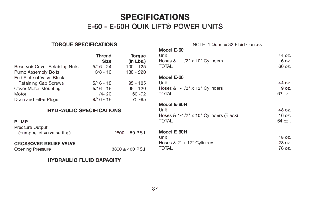 Jeep E-60 Torque Specifications, Hydraulic Specifications, Hydraulic Fluid Capacity, Pump, Crossover Relief Valve 