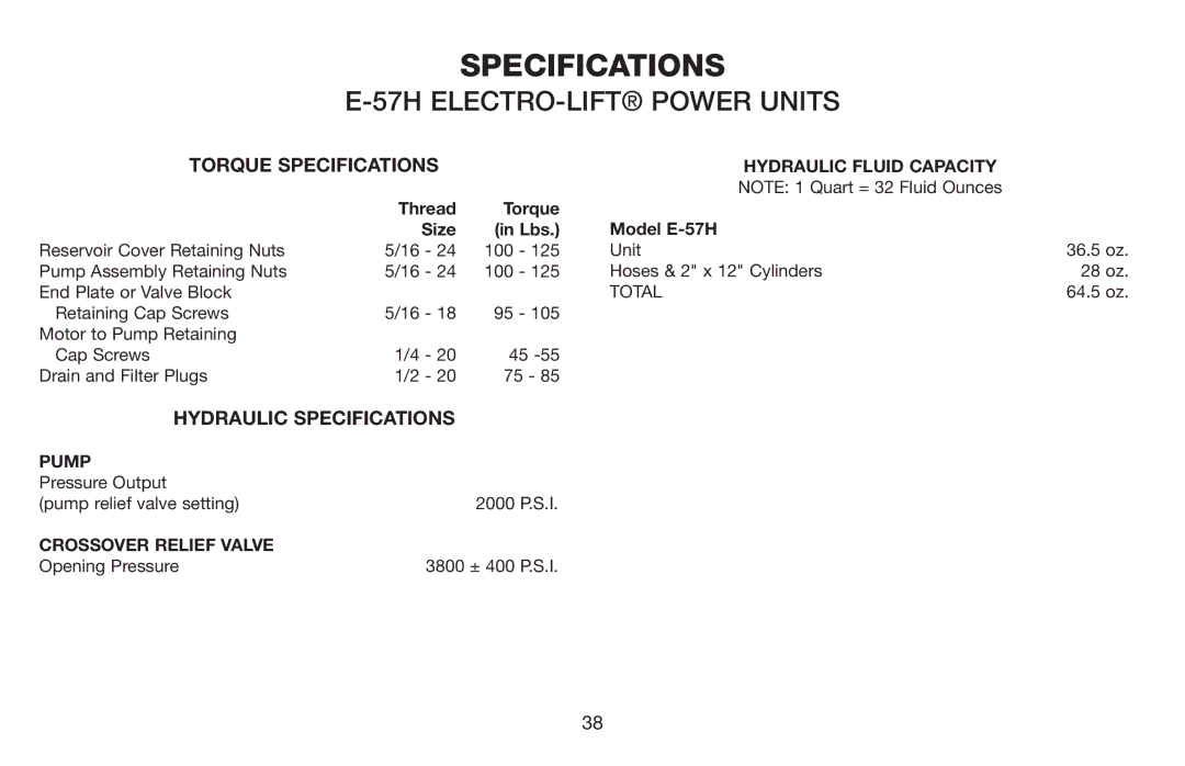 Jeep E-60 owner manual 57H ELECTRO-LIFT Power Units, Hydraulic Fluid Capacity 