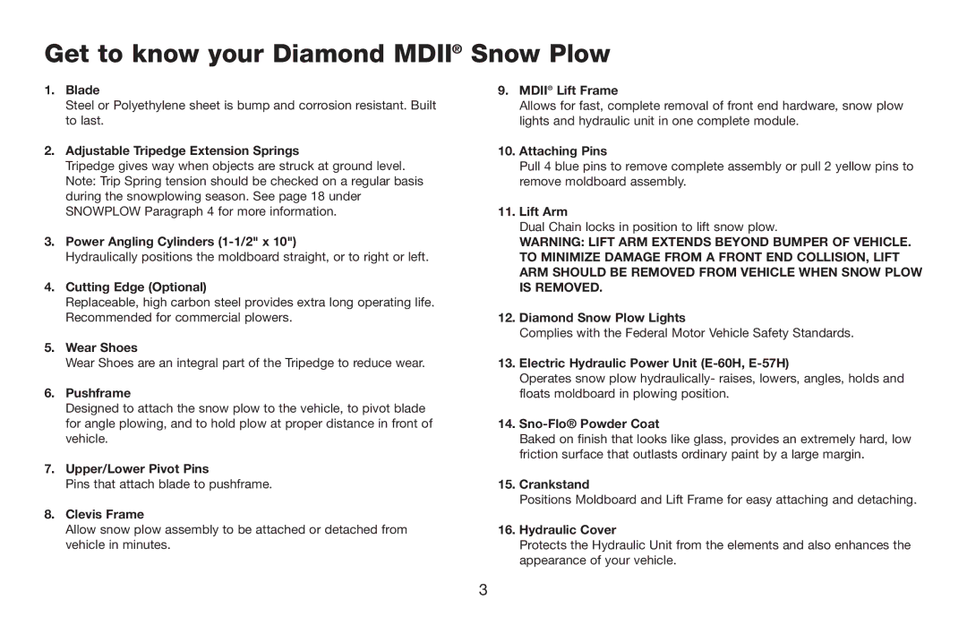 Jeep E-60 owner manual Get to know your Diamond Mdii Snow Plow, Adjustable Tripedge Extension Springs 