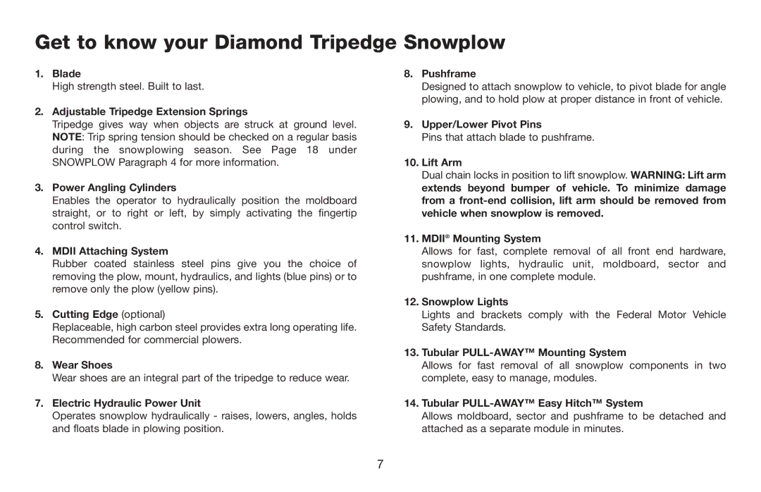 Jeep E-60 owner manual Get to know your Diamond Tripedge Snowplow, Power Angling Cylinders 