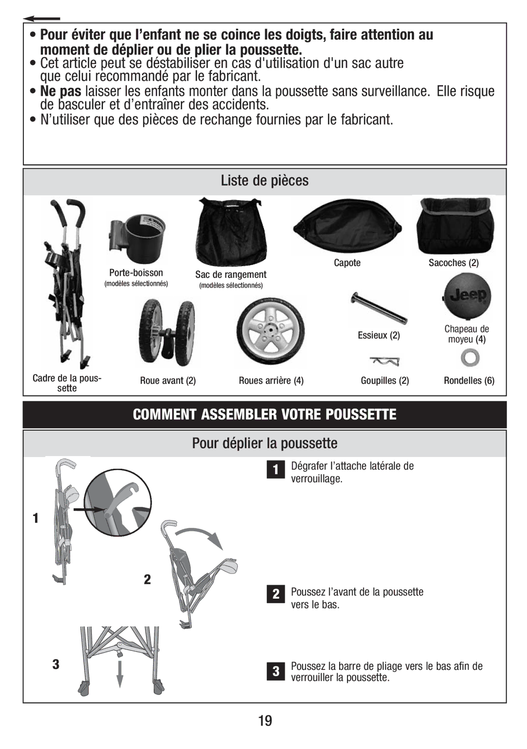 Jeep S58J-T-R2 instruction sheet Comment Assembler Votre Poussette, Pour déplier la poussette 