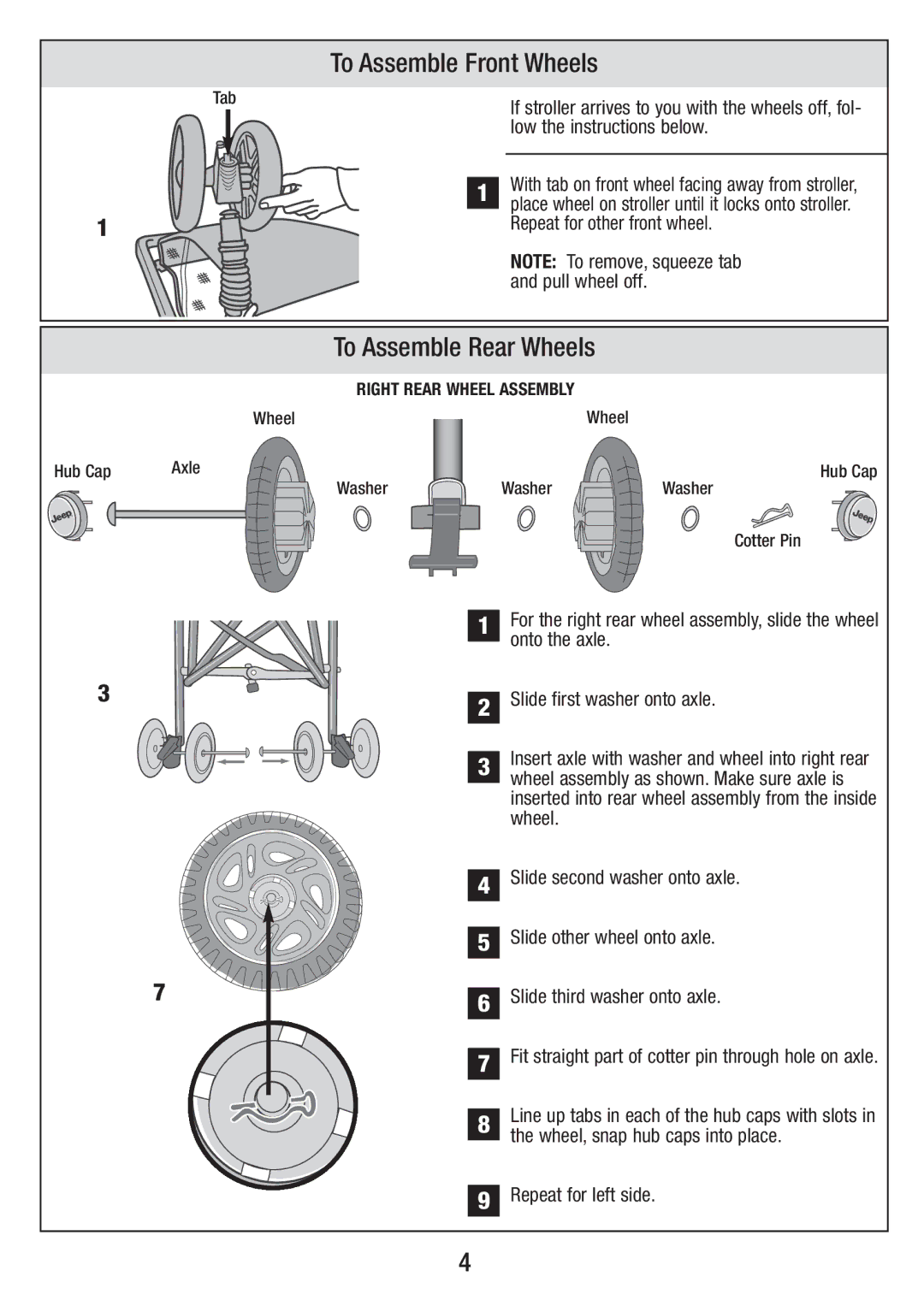 Jeep S58J-T-R2 To Assemble Front Wheels, To Assemble Rear Wheels, Low the instructions below, Repeat for other front wheel 