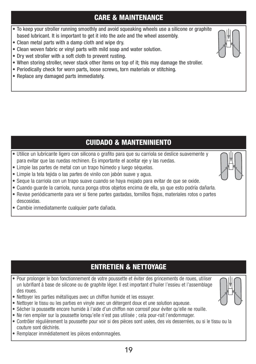 Jeep VIL001-R1 instruction sheet Care & Maintenance, Cuidado & Manteniniento, Entretien & Nettoyage 