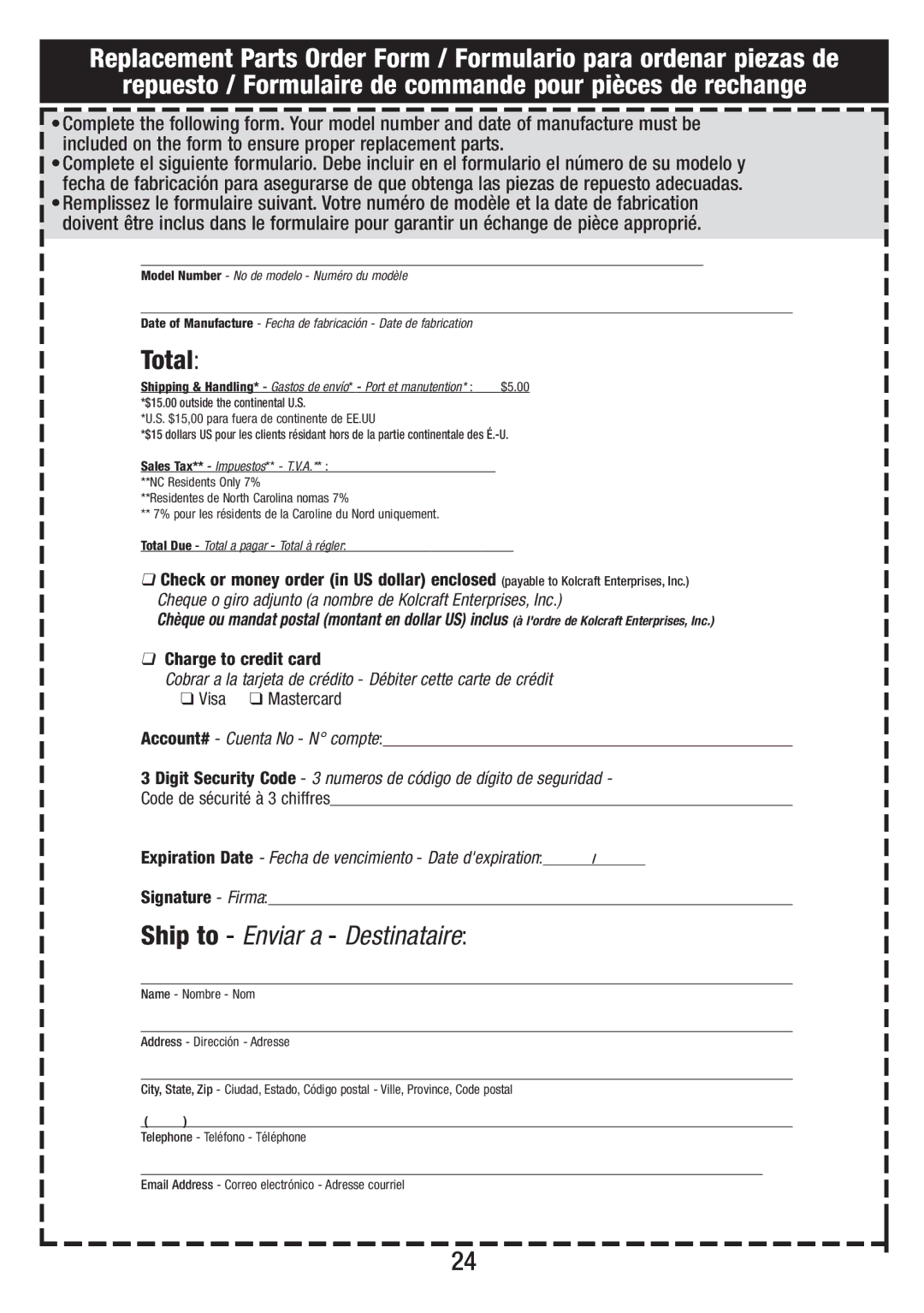 Jeep VIL001-R1 instruction sheet Total, Ship to Enviar a Destinataire 