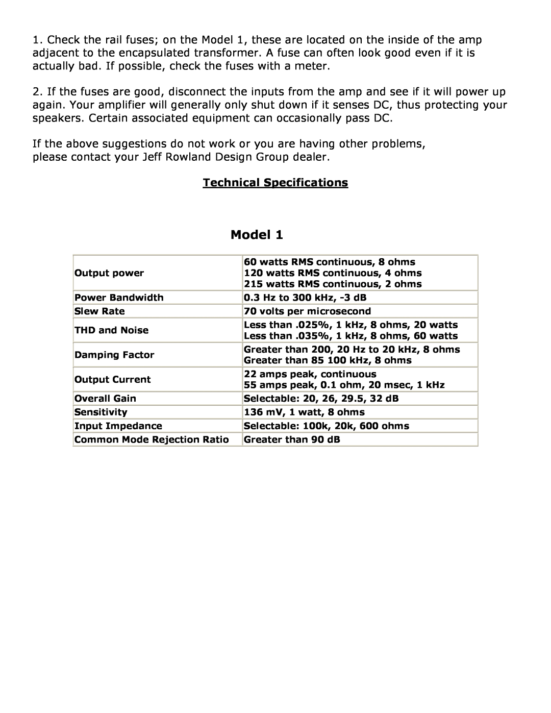 Jeff Rowland Design Group 1 owner manual Technical Specifications, Model 