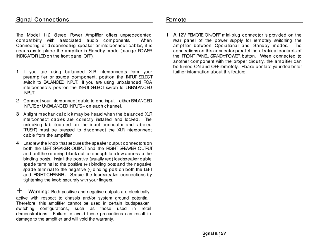 Jeff Rowland Design Group 112 owner manual Signal Connections, Remote 
