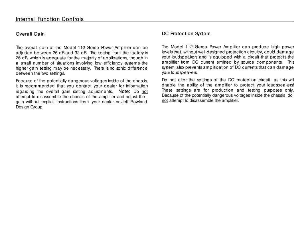 Jeff Rowland Design Group 112 owner manual Internal Function Controls, Overall Gain, DC Protection System 