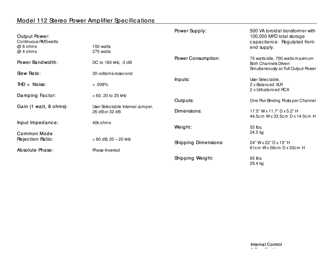 Jeff Rowland Design Group owner manual Model 112 Stereo Power Amplifier Specifications, Power Supply 