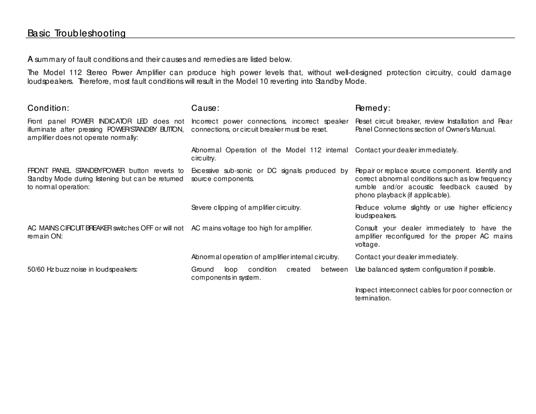 Jeff Rowland Design Group 112 owner manual Basic Troubleshooting, Condition Cause Remedy 