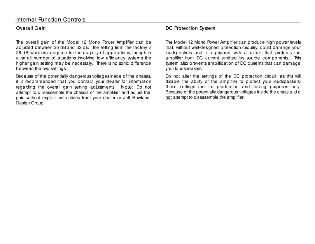 Jeff Rowland Design Group 12 owner manual Internal Function Controls, Overall Gain, DC Protection System 