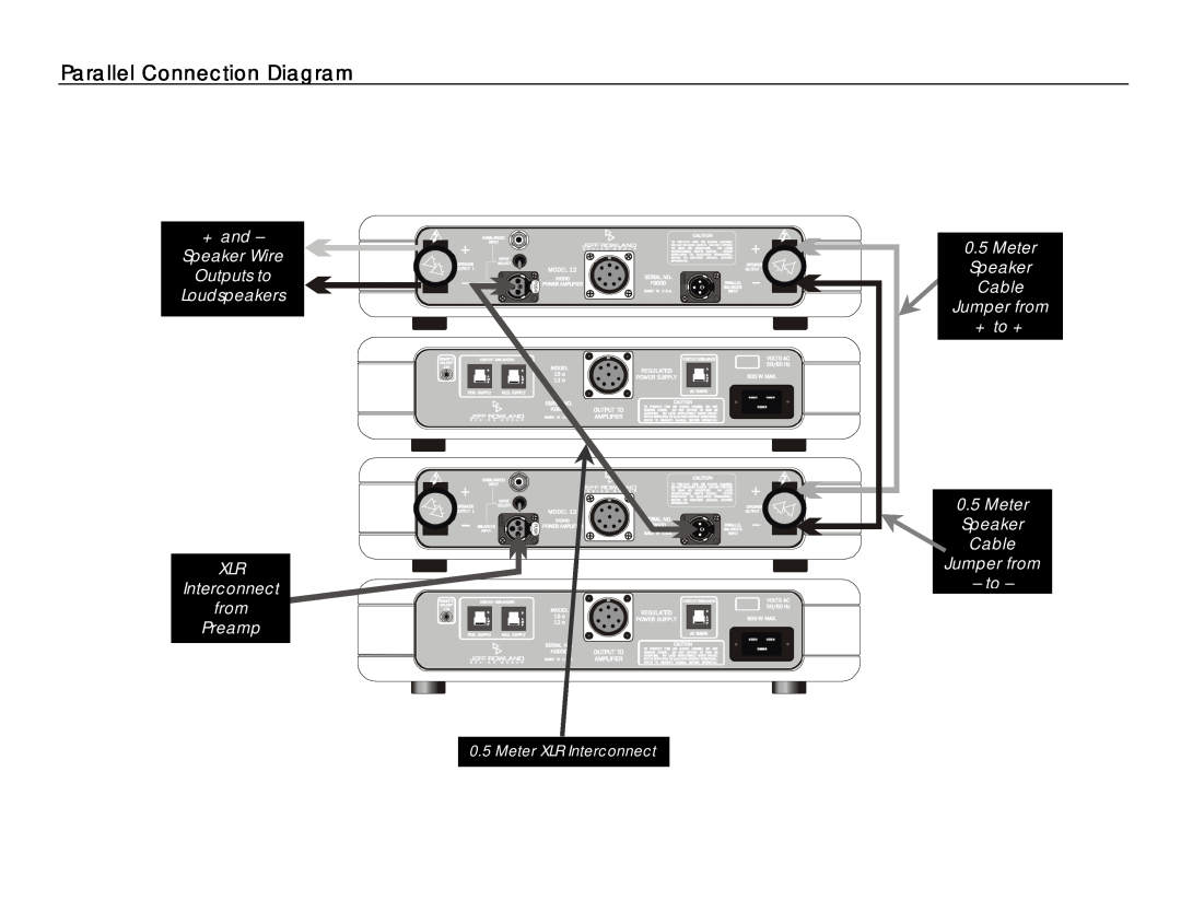 Jeff Rowland Design Group 12 Parallel Connection Diagram, + and - Speaker Wire Outputs to Loudspeakers XLR, Push, Neutrik 