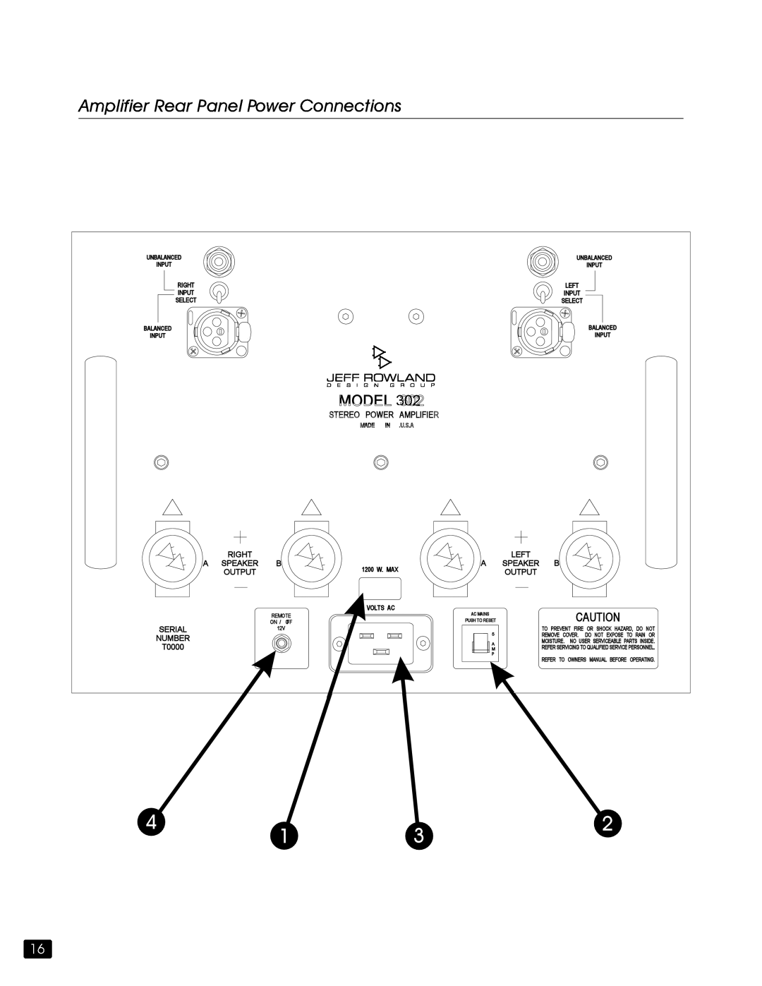 Jeff Rowland Design Group 302 owner manual Amplifier Rear Panel Power Connections, Model 