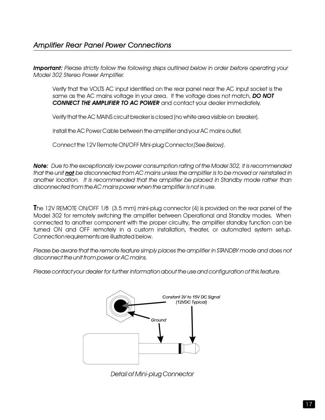 Jeff Rowland Design Group 302 owner manual Detail of Mini-plug Connector 