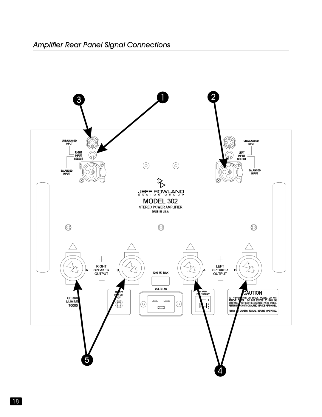 Jeff Rowland Design Group 302 owner manual Amplifier Rear Panel Signal Connections 